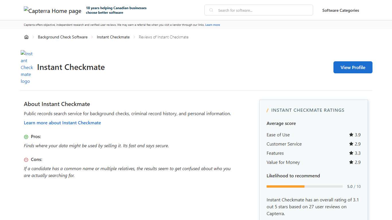 Instant Checkmate Reviews from Verified Users - Capterra Canada 2026